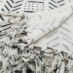 
                  
                    Load image into Gallery viewer, Handmade boho cotton blanket cream color black print detail
                  
                