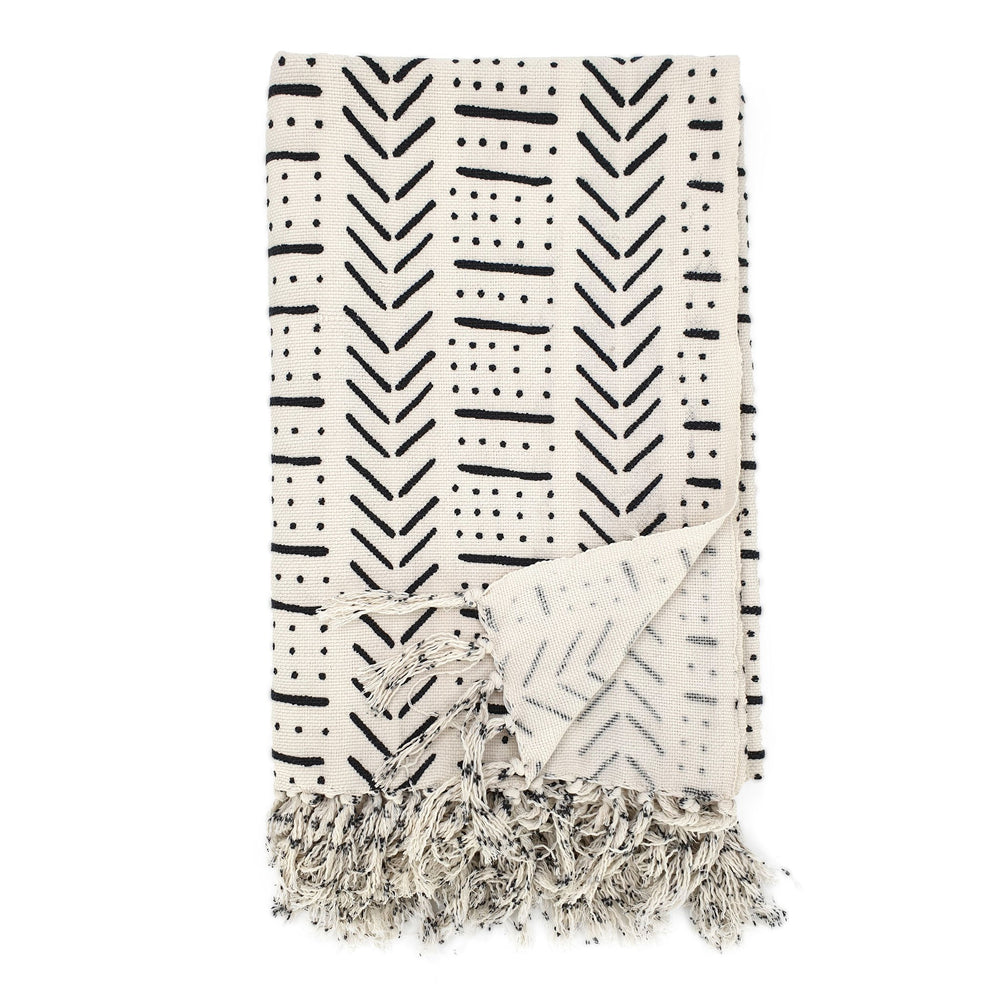 
                  
                    Load image into Gallery viewer, Handmade boho cotton blanket cream color black print front view
                  
                