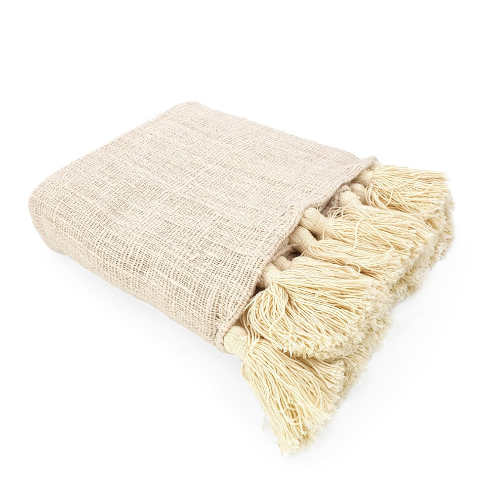 
                  
                    Load image into Gallery viewer, Handmade boho Cotton blanket with tassel cream color side view
                  
                