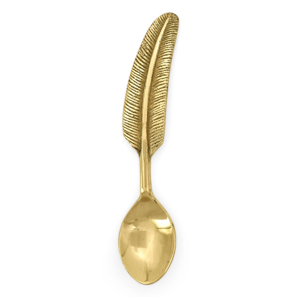 Handmade Brass boho feather teaspoon gold color front view