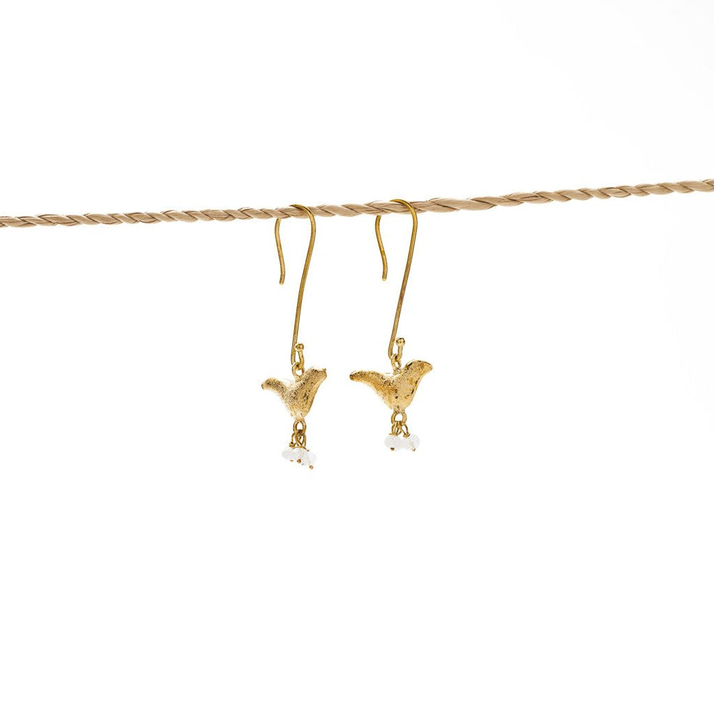 Earring Bird Stone brass gold white stone
