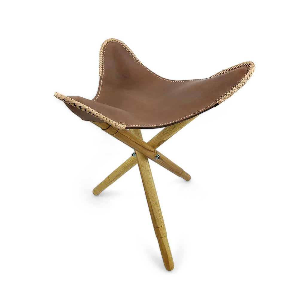 Folding Chair Leather and Teak Brown Large