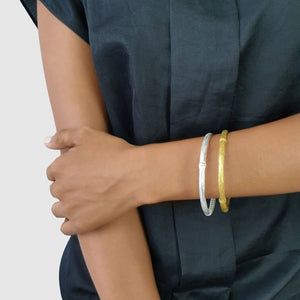 
                  
                    Load image into Gallery viewer, Handmade brass boho bamboo bangle on model
                  
                
