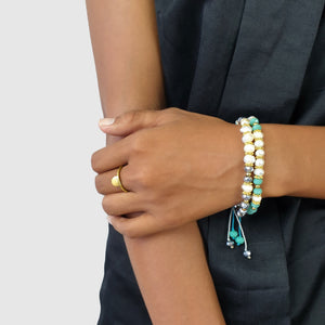 
                  
                    Load image into Gallery viewer, Handmade pearl boho bracelet crystals on model
                  
                
