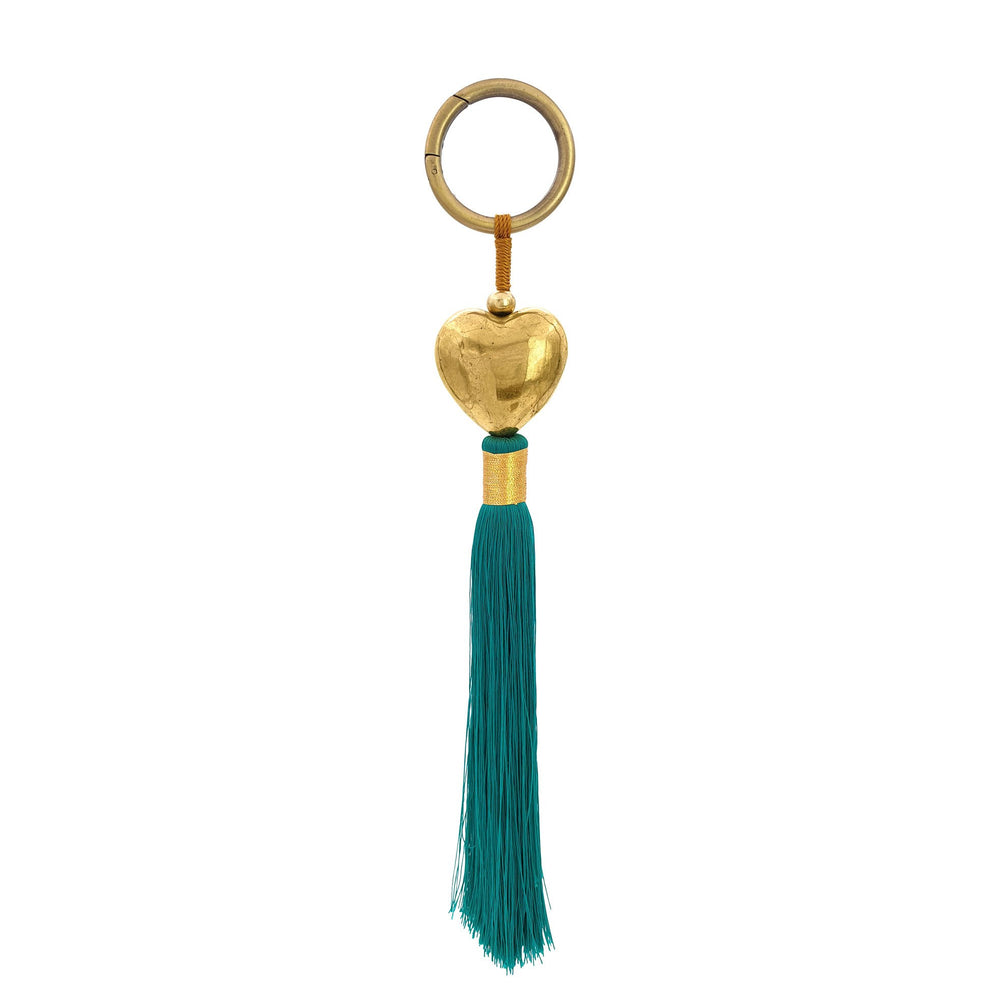 Keychain brass heart with tosca green tassel