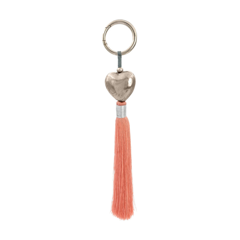 
                  
                    Load image into Gallery viewer, Keychain brass heart silver plated with dusty pink tassel
                  
                