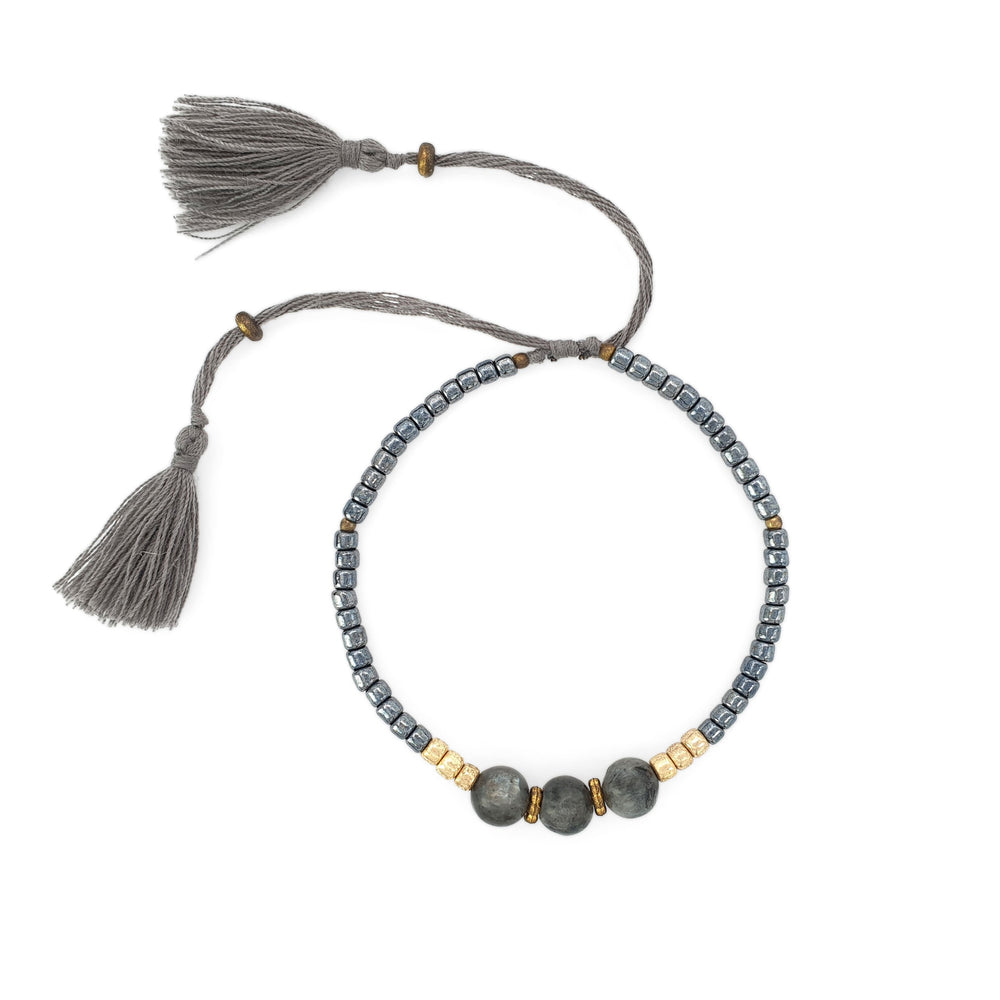 
                  
                    Load image into Gallery viewer, Lucky gemstone bracelet grey tassel front
                  
                