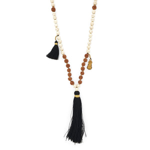 
                  
                    Load image into Gallery viewer, Handmade Buddha rudraksha and howlite mala necklace with black tassel
                  
                