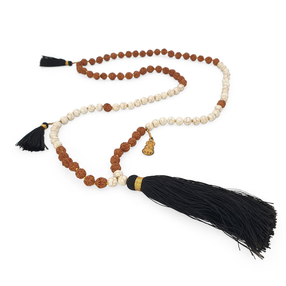 
                  
                    Load image into Gallery viewer, Handmade Buddha rudraksha and howlite mala necklace with black tassel angle
                  
                