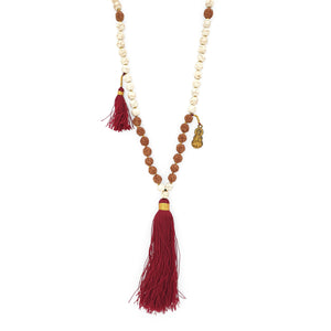 
                  
                    Load image into Gallery viewer, Handmade Buddha rudraksha and howlite mala necklace with maroon tassel
                  
                