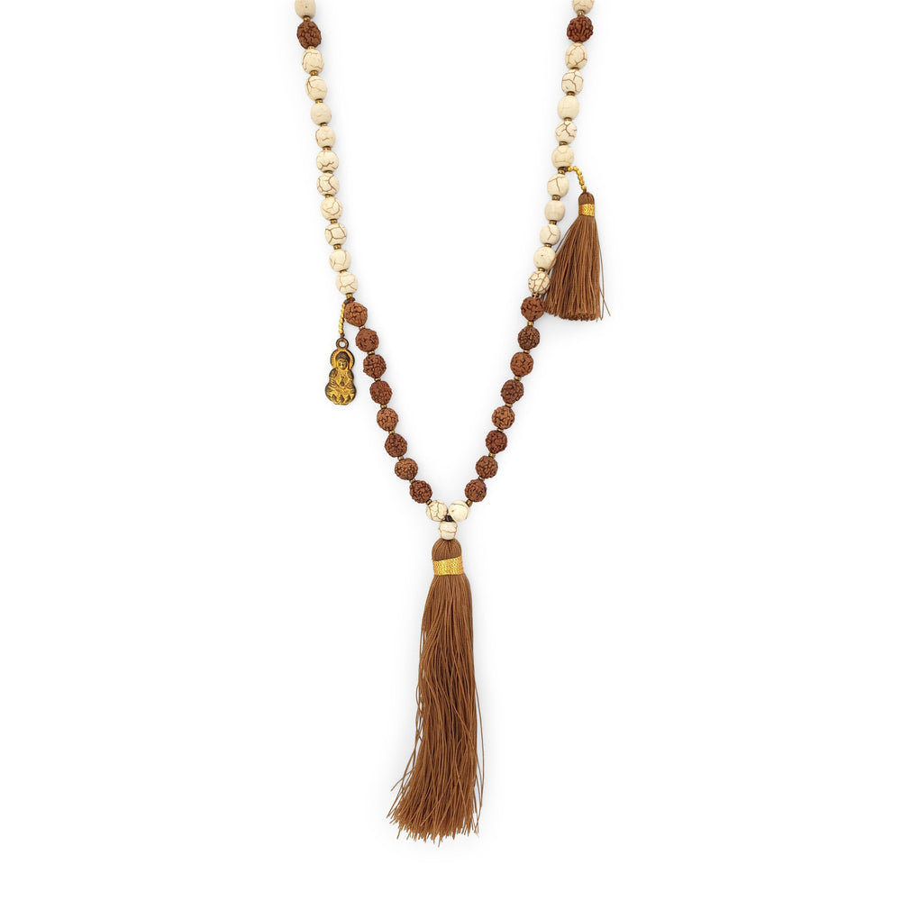 
                  
                    Load image into Gallery viewer, Handmade Buddha rudraksha and howlite mala necklace with brown tassel
                  
                