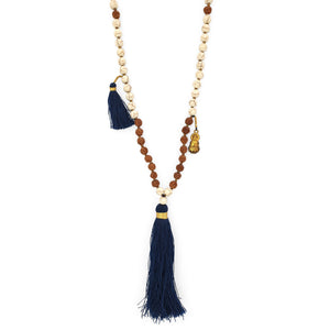 
                  
                    Load image into Gallery viewer, Handmade Buddha rudraksha and howlite mala necklace with navy tassel
                  
                
