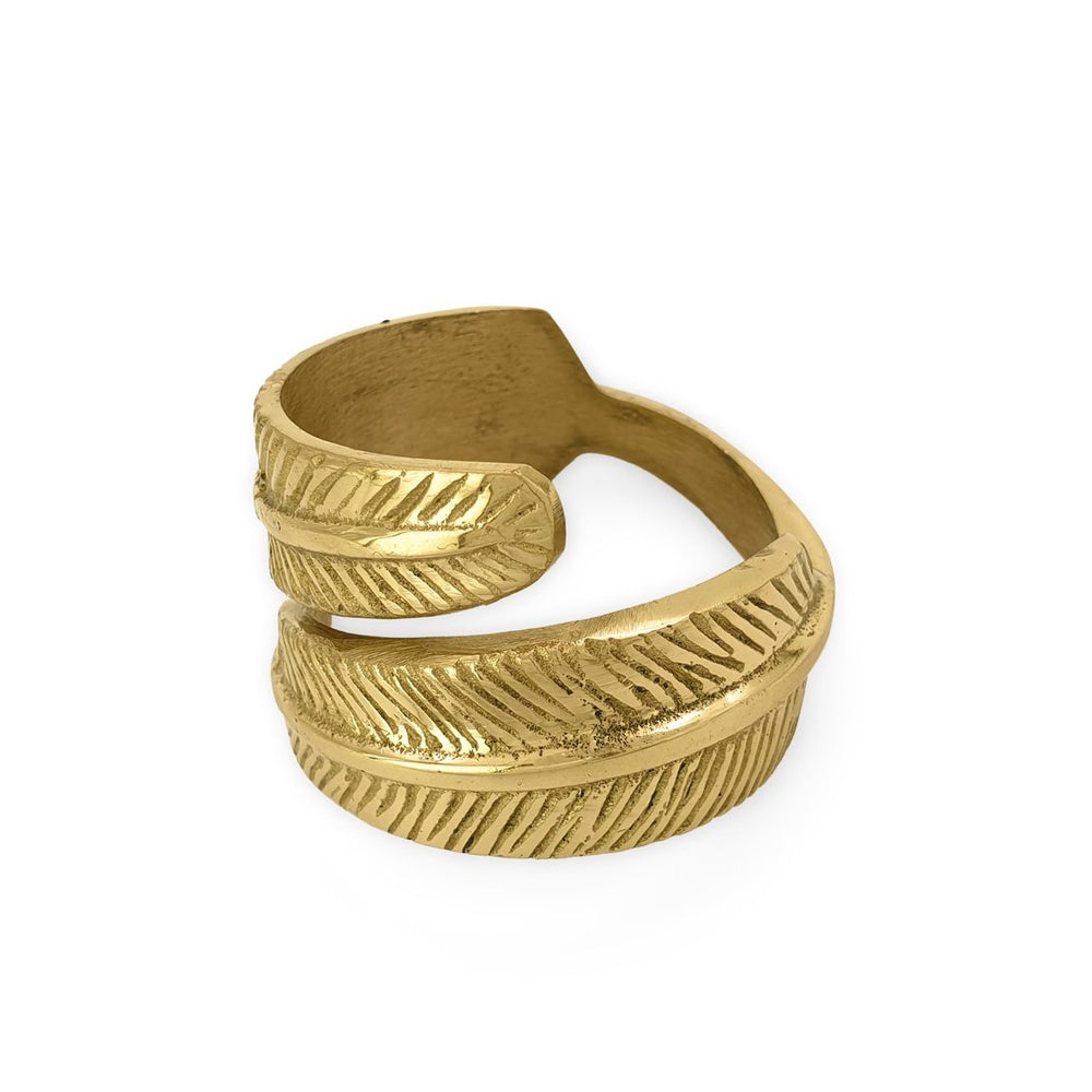 
                  
                    Load image into Gallery viewer, Handmade brass napkin ring feather side view
                  
                