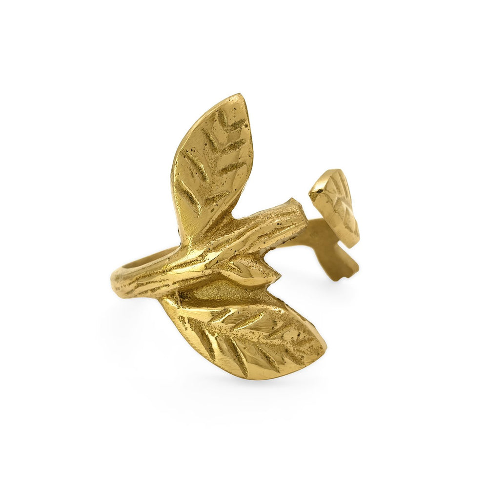 
                  
                    Load image into Gallery viewer, Handmade brass napkin ring leaf front view 2
                  
                