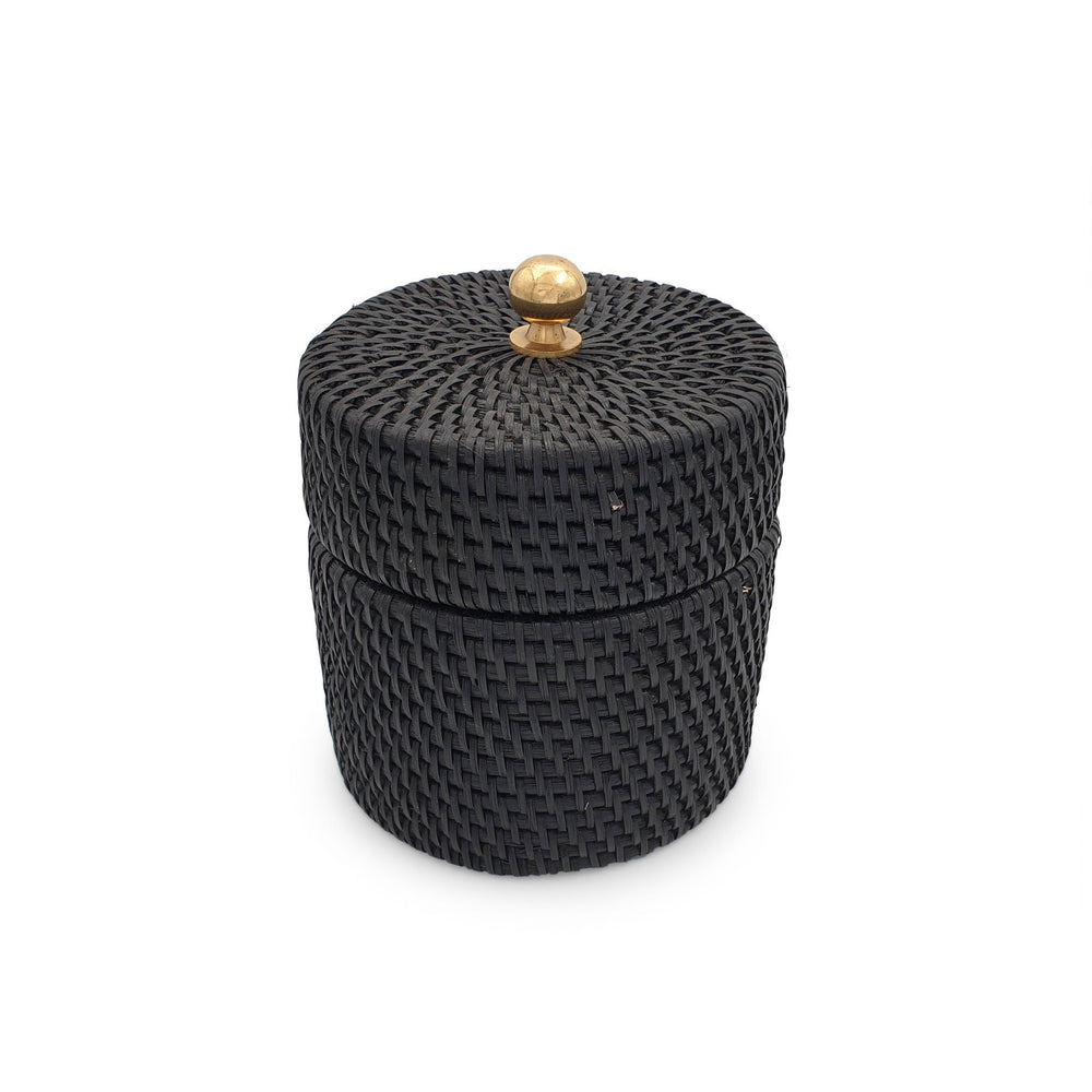 Rattan Round Box With Knob Lid Black