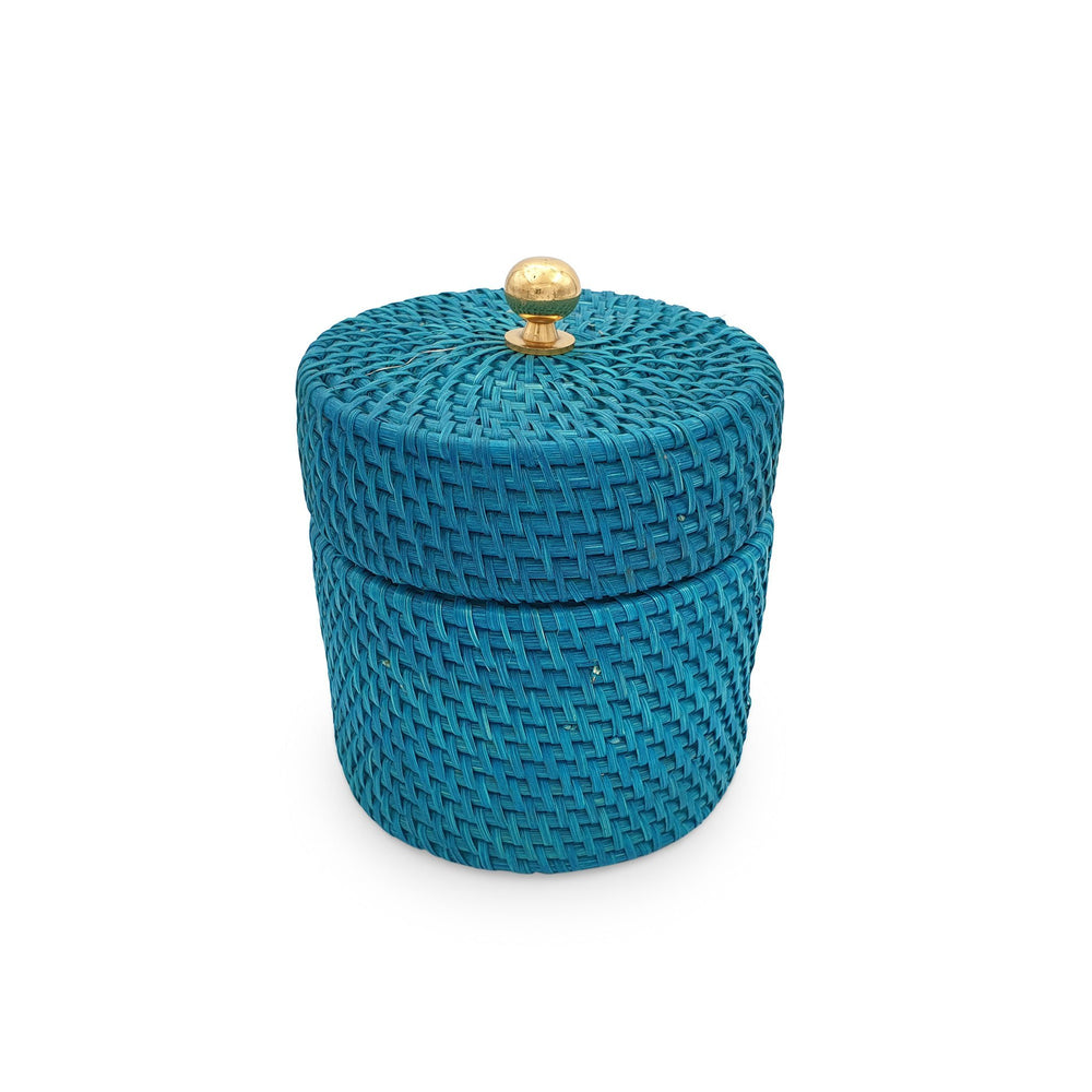 Rattan Round Box With Knob Lid Turquoise