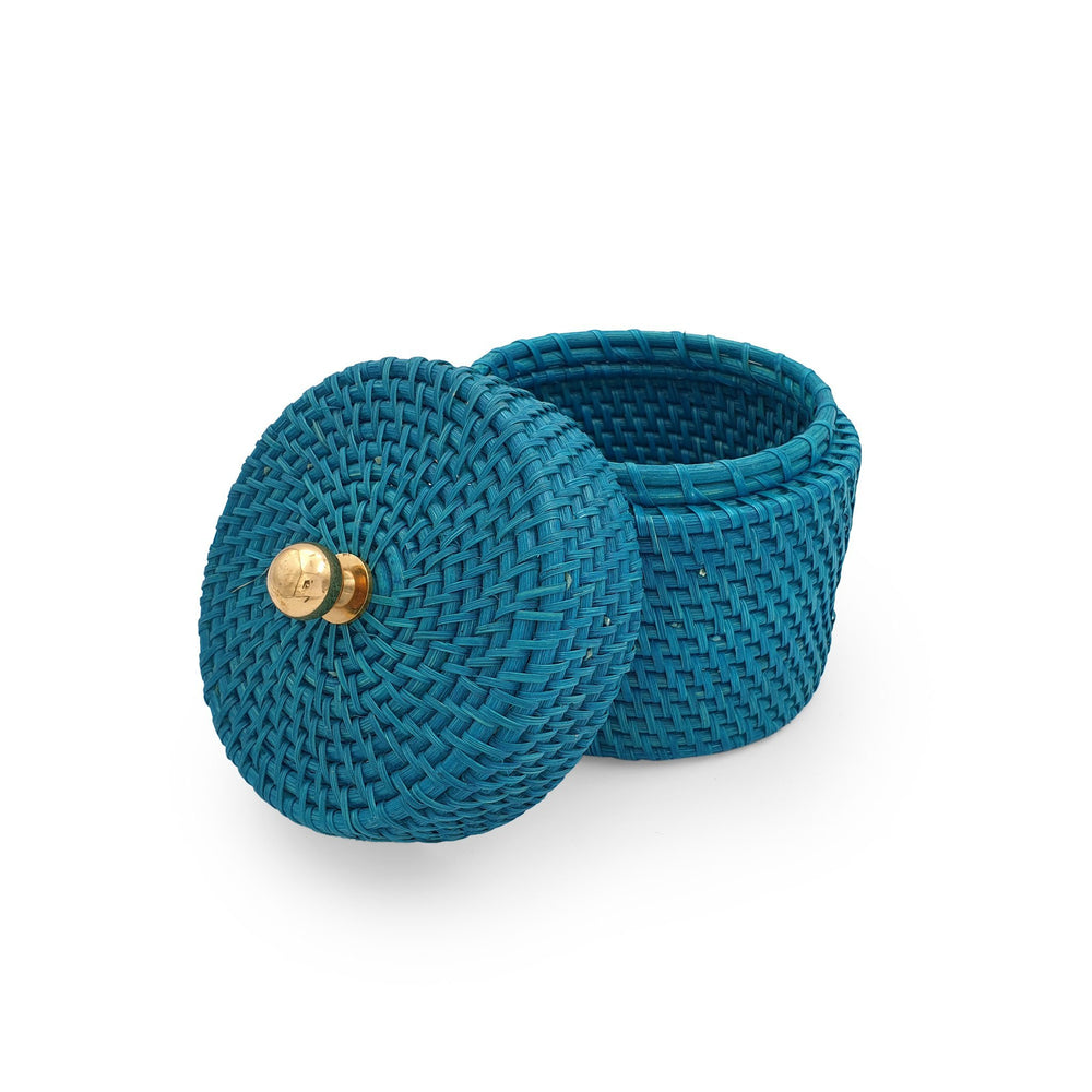 
                  
                    Load image into Gallery viewer, Rattan Round Box With Knob Lid Turquoise
                  
                