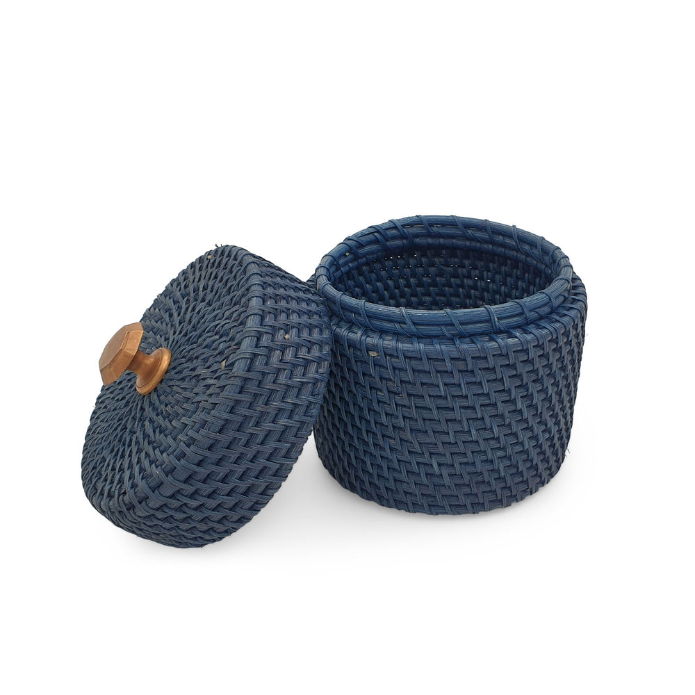 
                  
                    Load image into Gallery viewer, Rattan Round Box With Knob Lid Navy
                  
                