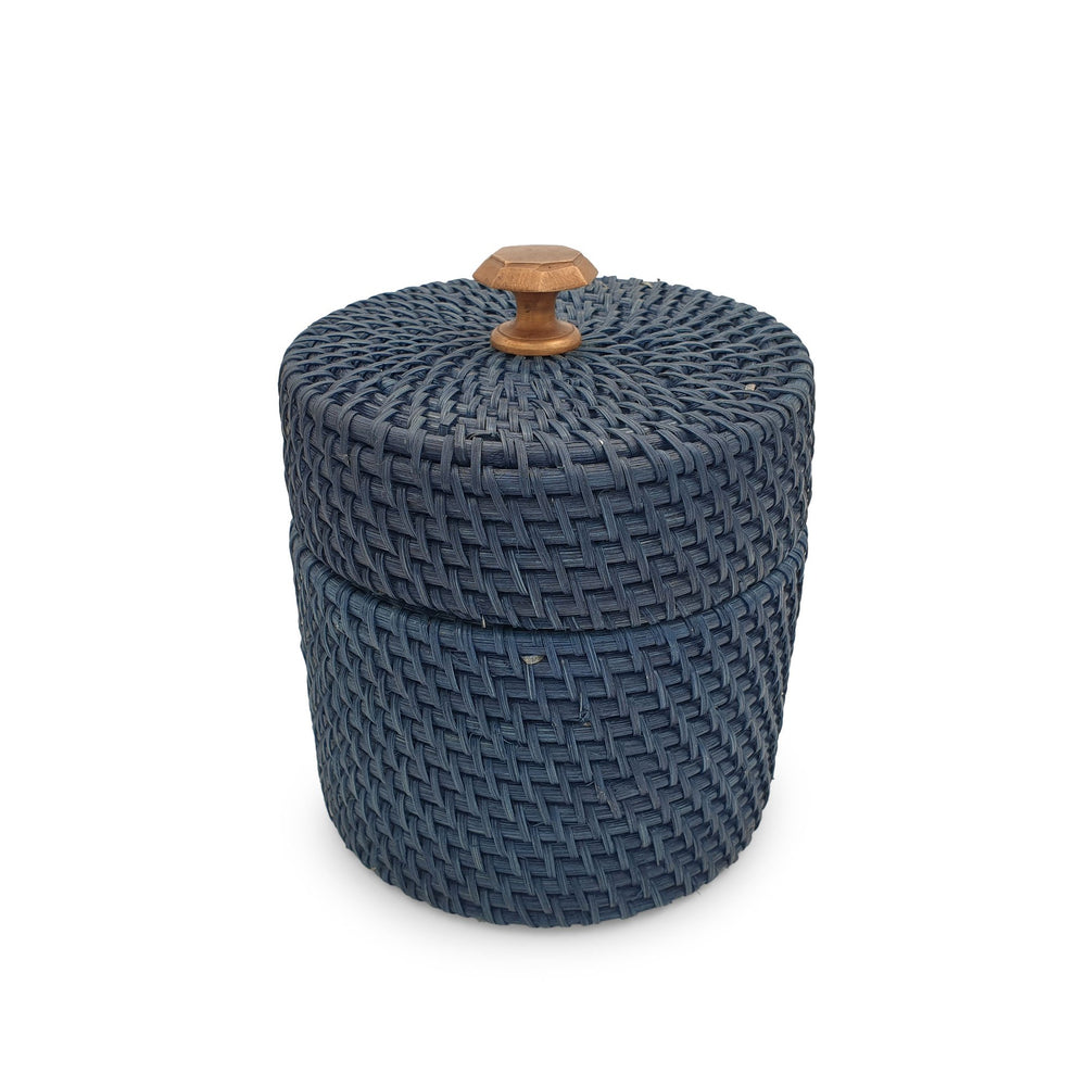 Rattan Round Box With Knob Lid Navy