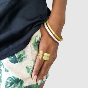 
                  
                    Load image into Gallery viewer, Ring brass square and rectangle gold color on model
                  
                