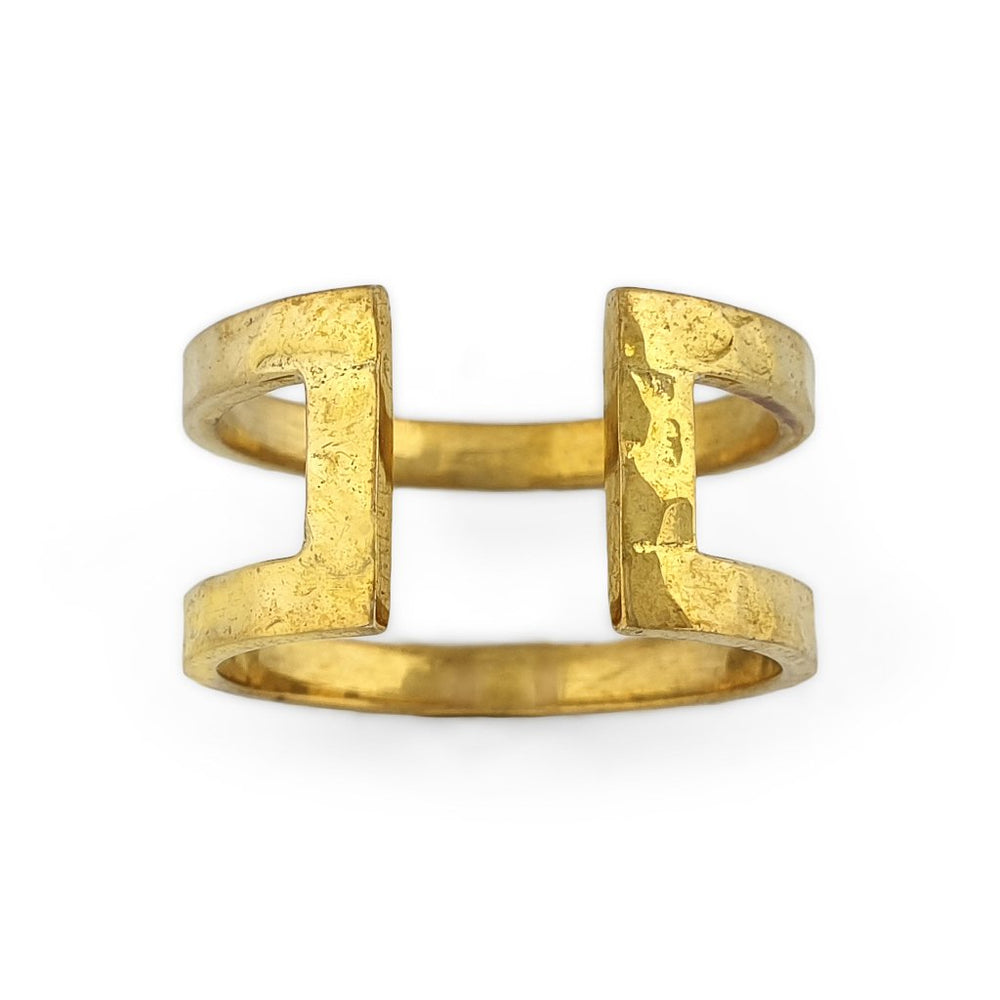 Ring brass boho open rectangle hammered gold front