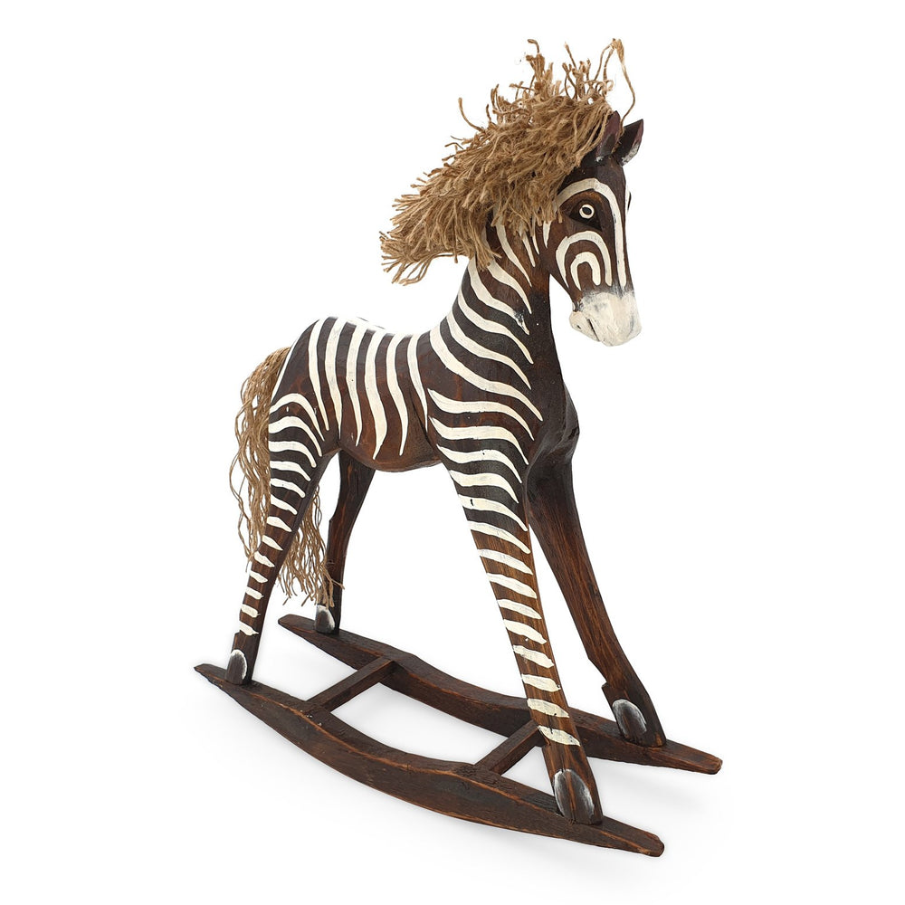 
                  
                    Load image into Gallery viewer, Handmade wooden rocking brown zebra L angle view
                  
                