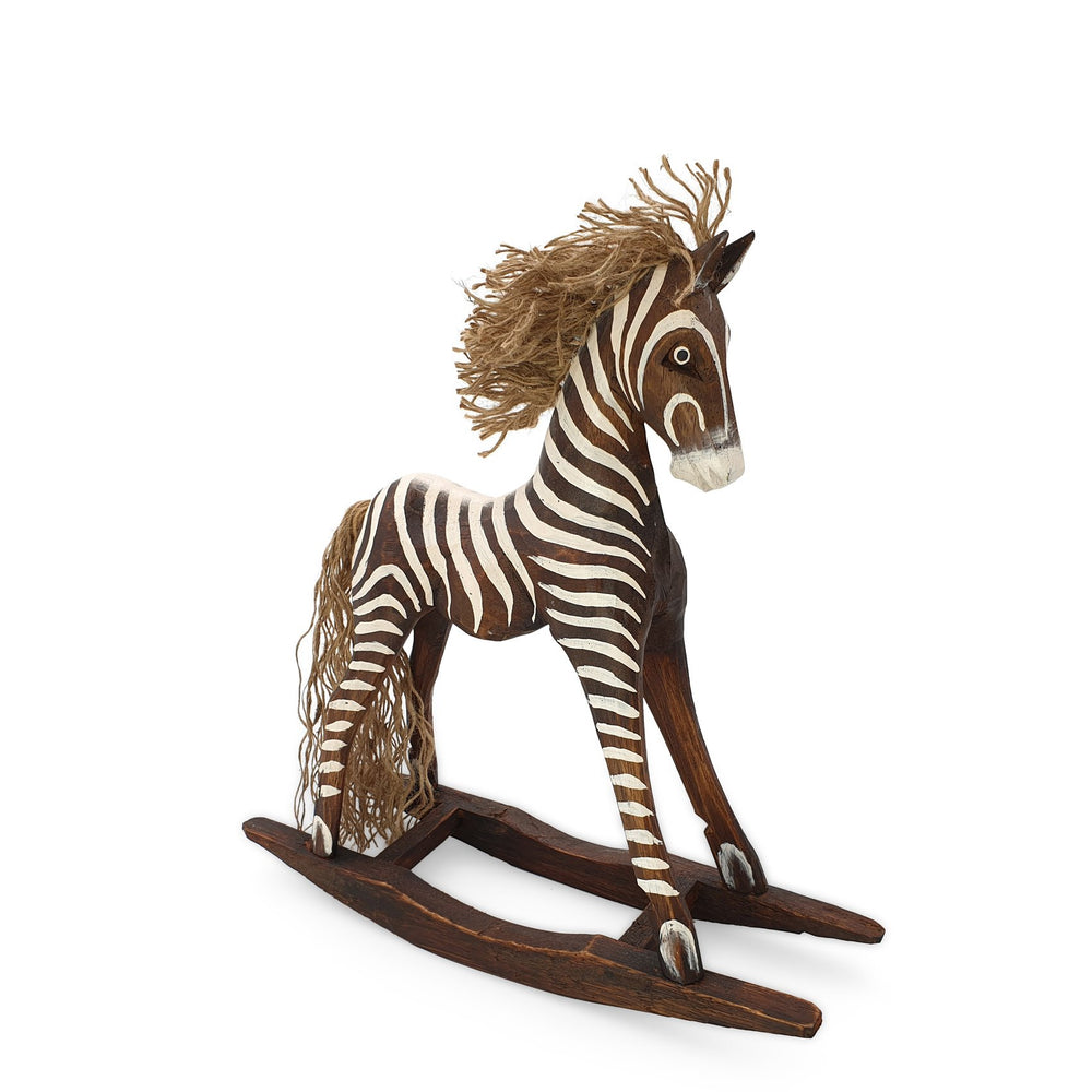 
                  
                    Load image into Gallery viewer, Handmade wooden rocking brown zebra M angle view
                  
                
