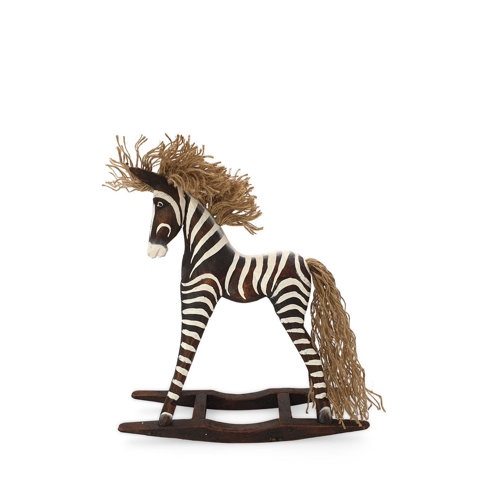 
                  
                    Load image into Gallery viewer, Handmade wooden rocking brown zebra S side view
                  
                