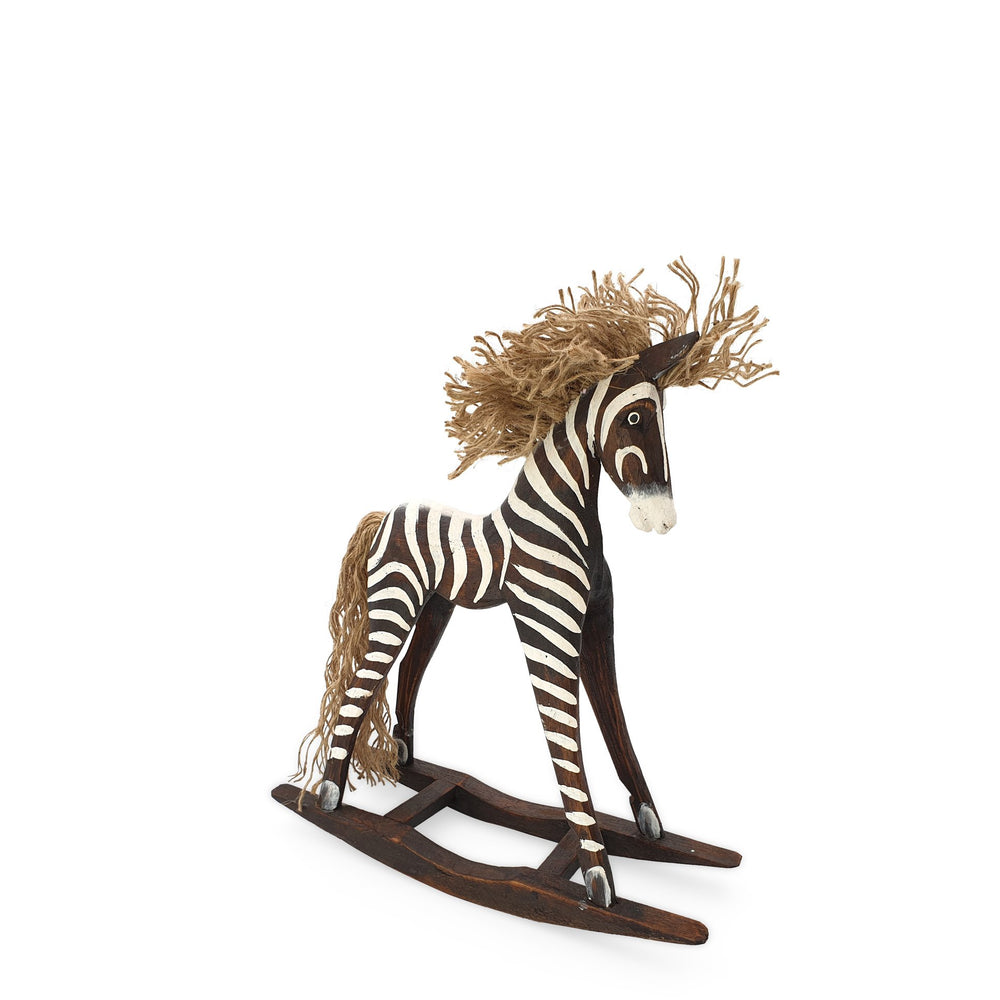
                  
                    Load image into Gallery viewer, Handmade wooden rocking brown zebra S angle view
                  
                