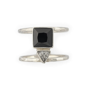 
                  
                    Load image into Gallery viewer, Sterling silver double ring with zircon triangle stone front view
                  
                