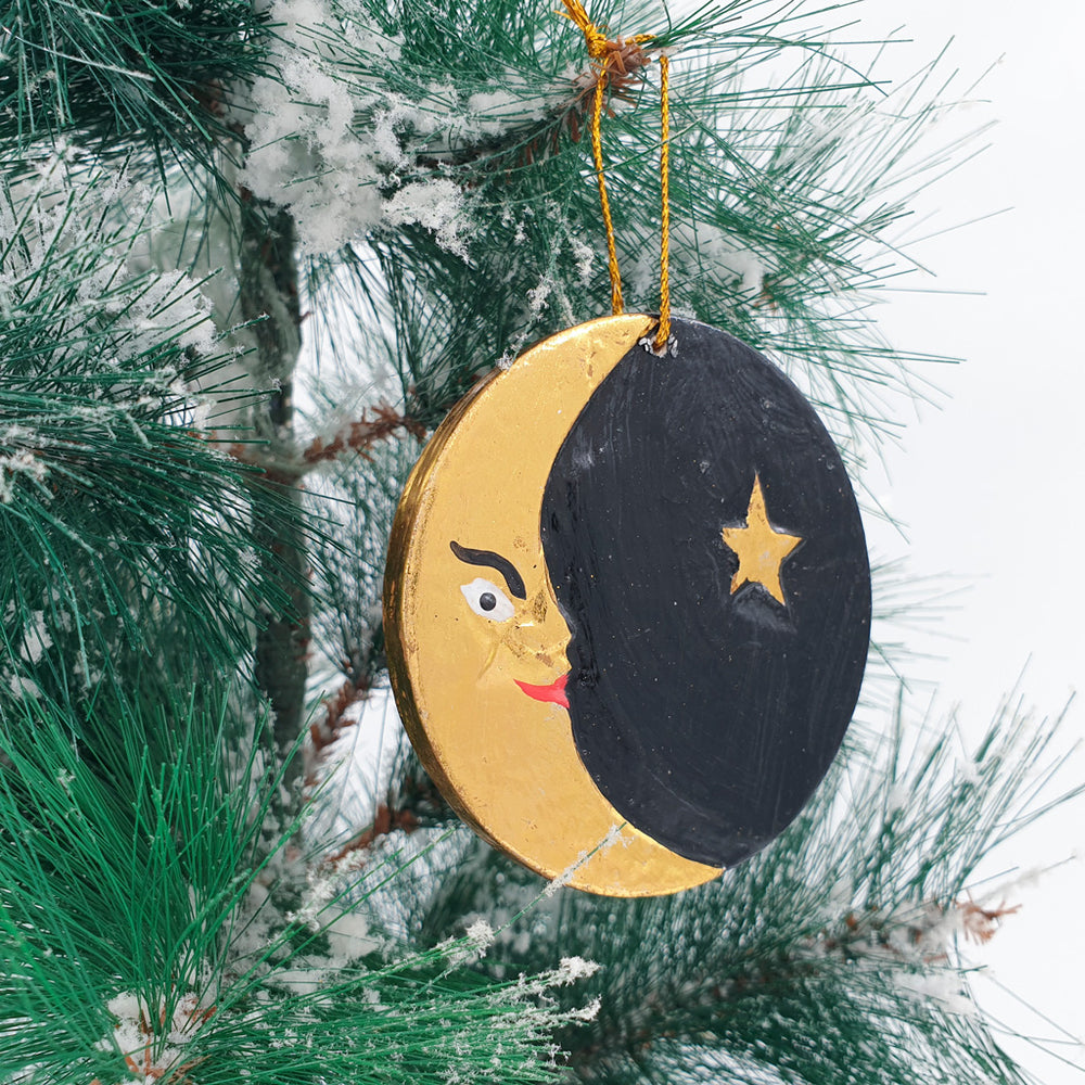 
                  
                    Load image into Gallery viewer, Wooden Christmas Ornament Gold Moon &amp;amp; Sun
                  
                