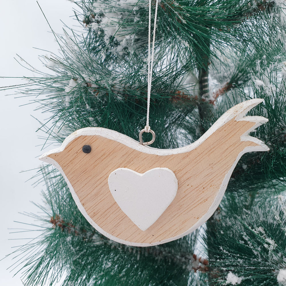 Wooden Christmas Ornament White Natural Bird