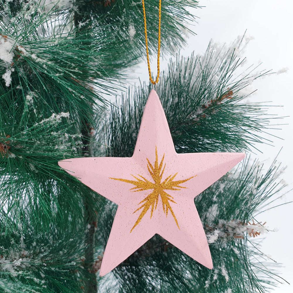 Wooden Christmas Ornaments Sparkling Pink Stars