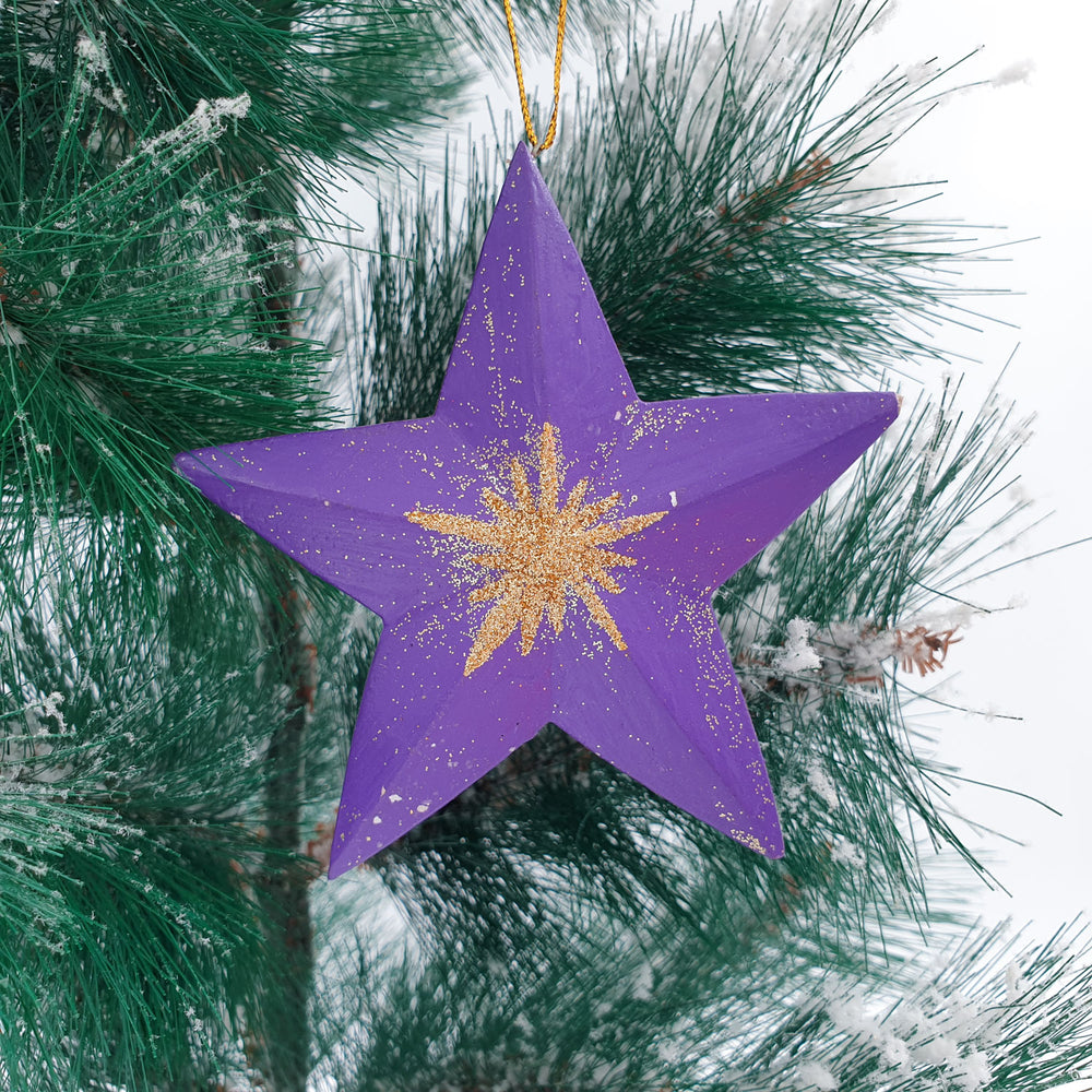 Wooden Christmas Ornaments Sparkling Purple Stars
