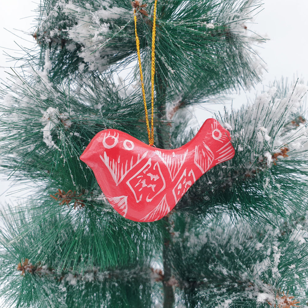 Wooden Christmas Ornament Bird with Folk Pattern