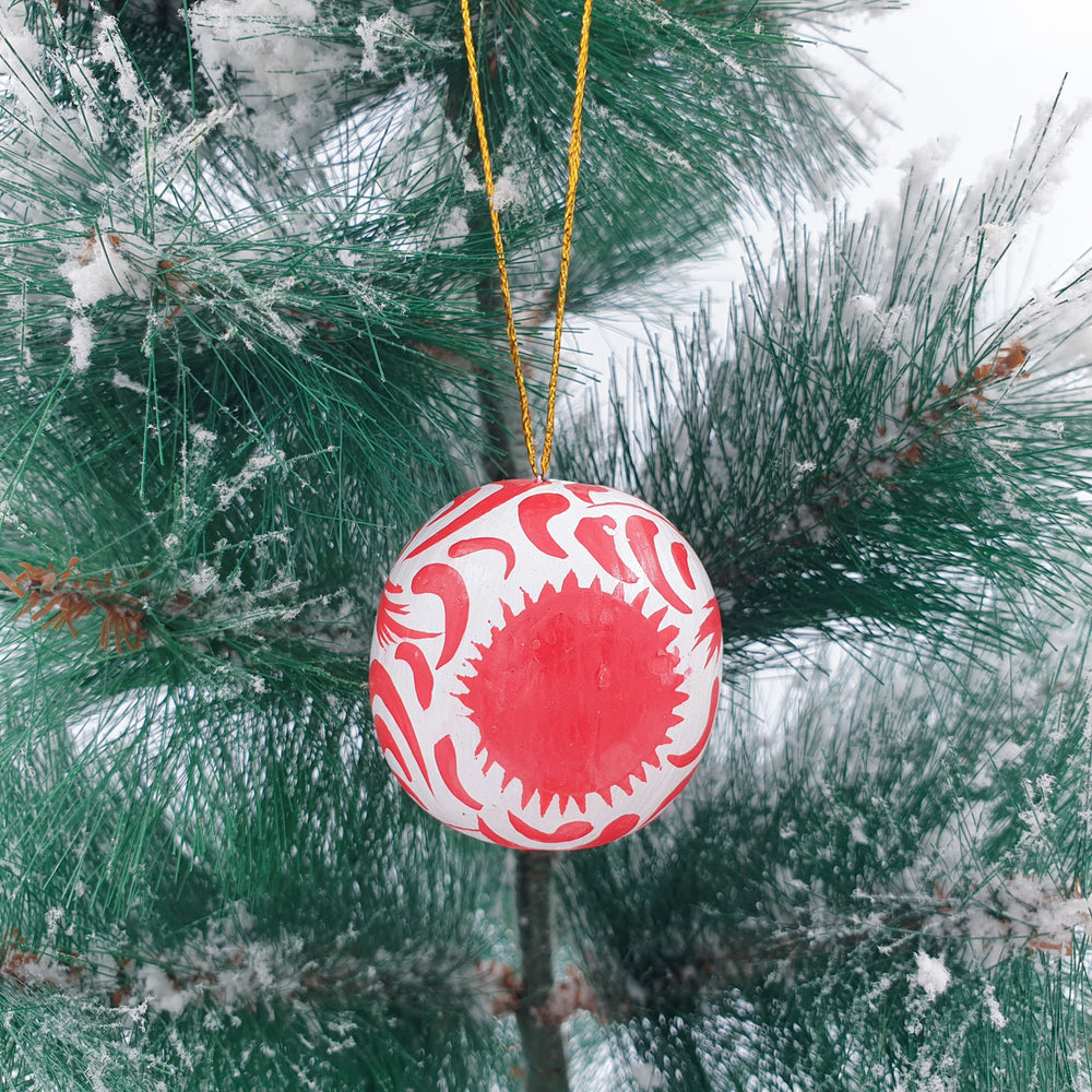 Wooden Christmas Ornaments - Ball White with red folk pattern