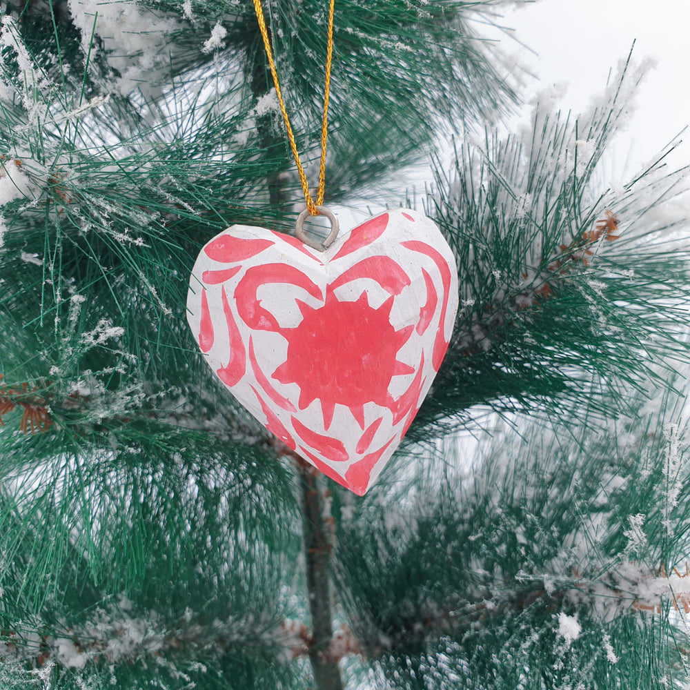 Wooden Christmas Ornament Red Folk Heart