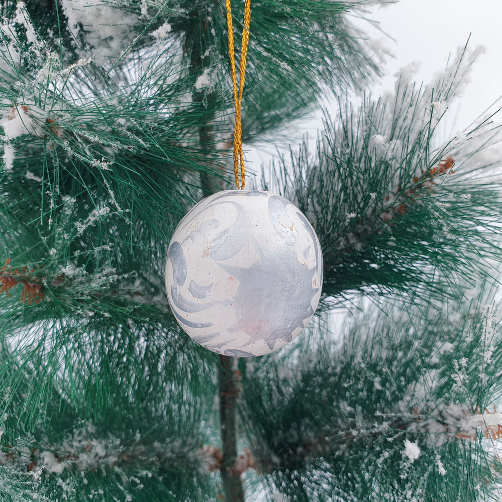 Wooden Christmas Ornaments - Ball White with silver folk pattern