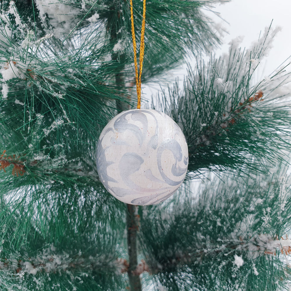 
                  
                    Load image into Gallery viewer, Wooden Christmas Ornaments - Ball White with silver folk pattern
                  
                
