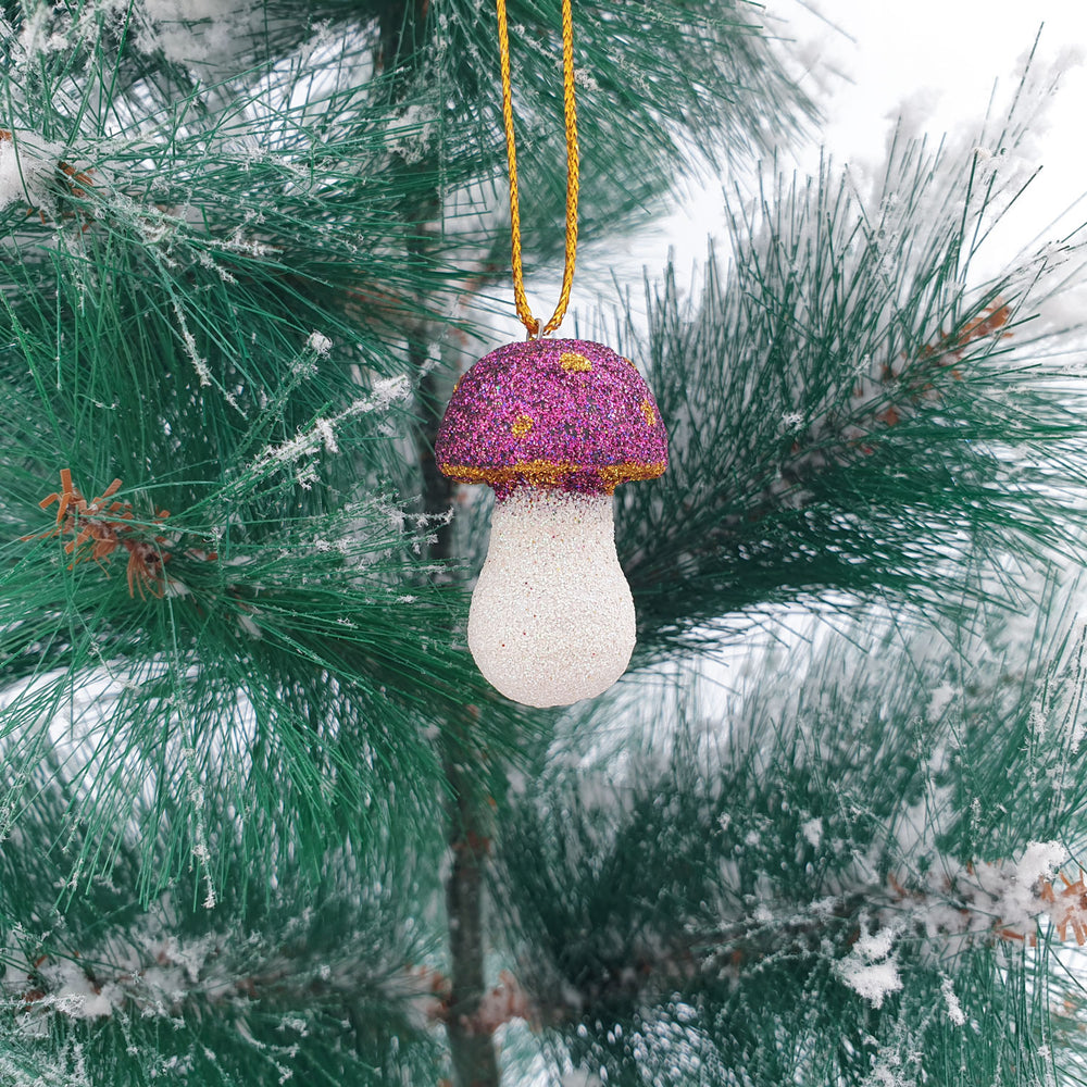 Wooden Christmas Ornaments Purple Dot Sparkling Mushroom