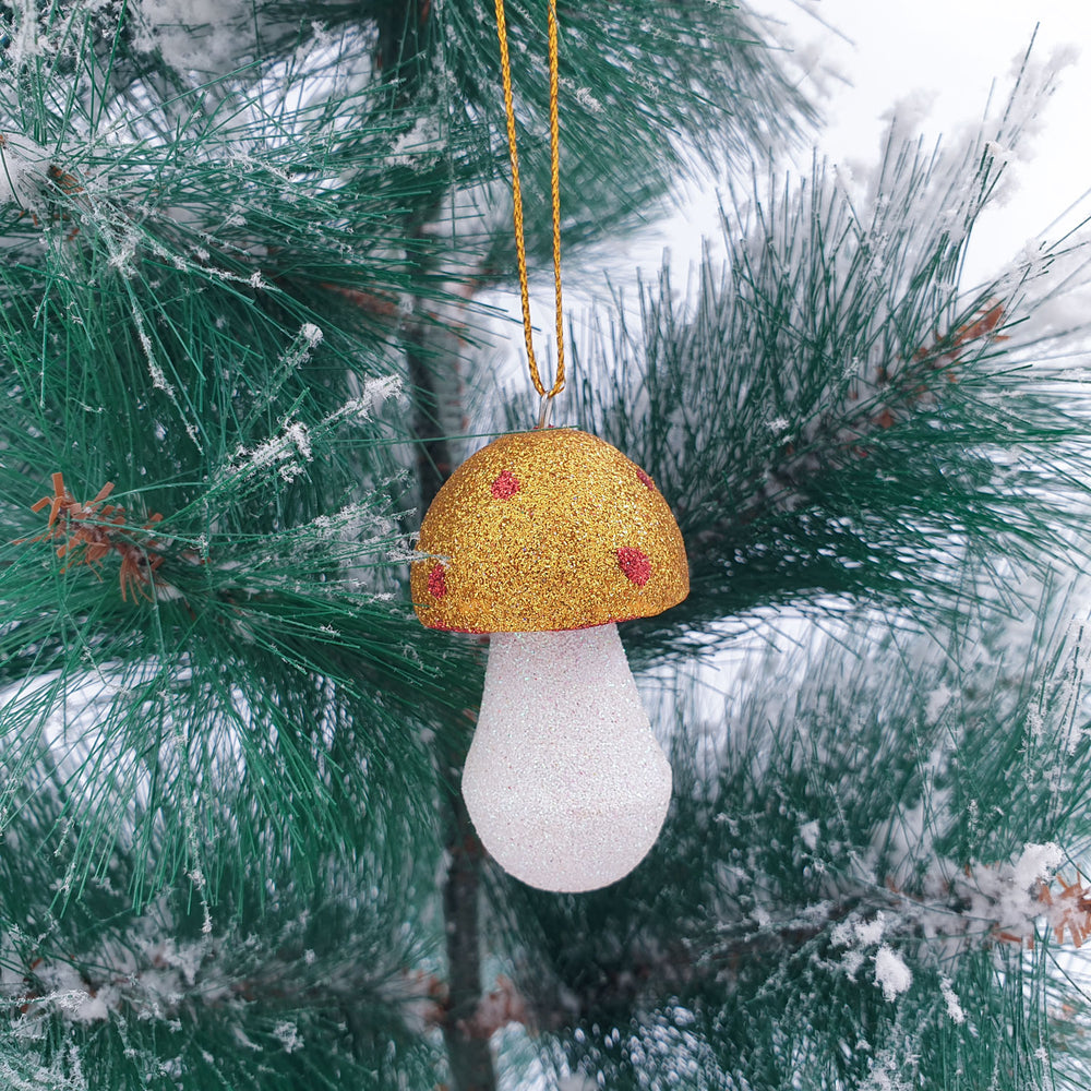 Wooden Christmas Ornaments Golden Dot Sparkling Mushroom