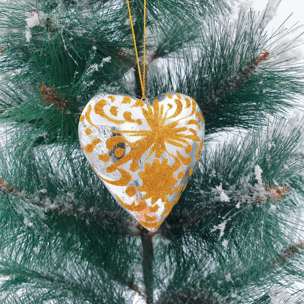 Wooden Christmas Ornaments Sparkling Silver Hearts