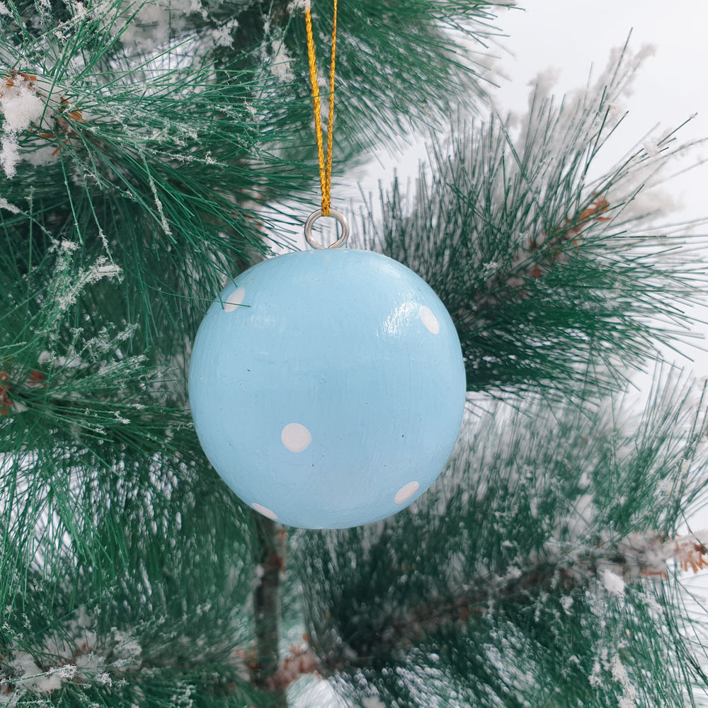 Wooden Christmas Ornaments - Ball Turquoise with polka dots