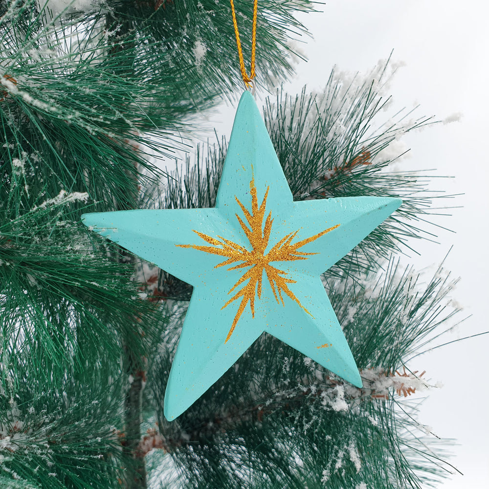 Wooden Christmas Ornaments Sparkling Turquoise Stars