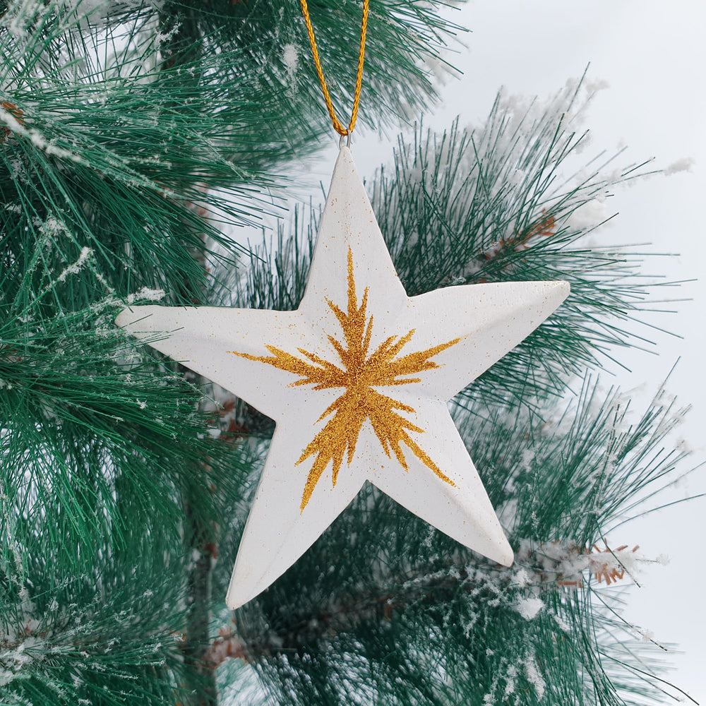 Wooden Christmas Ornaments Sparkling White Stars