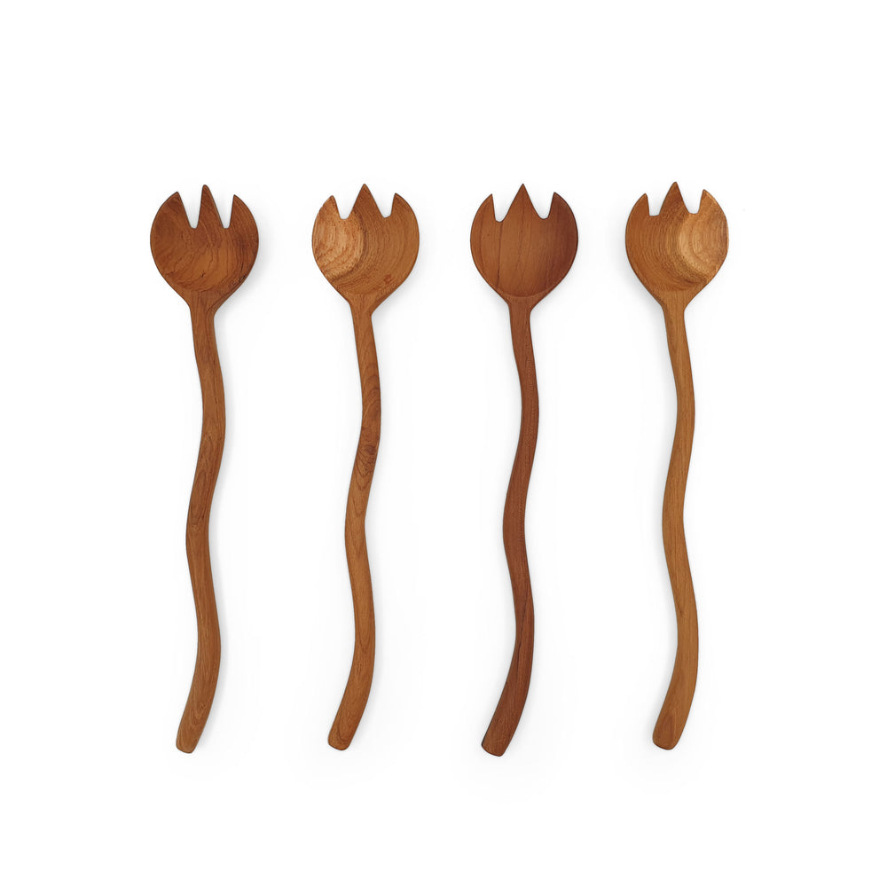 Wooden Tableware Minimalist Set of 4 Spoony Forks w Curved Handle