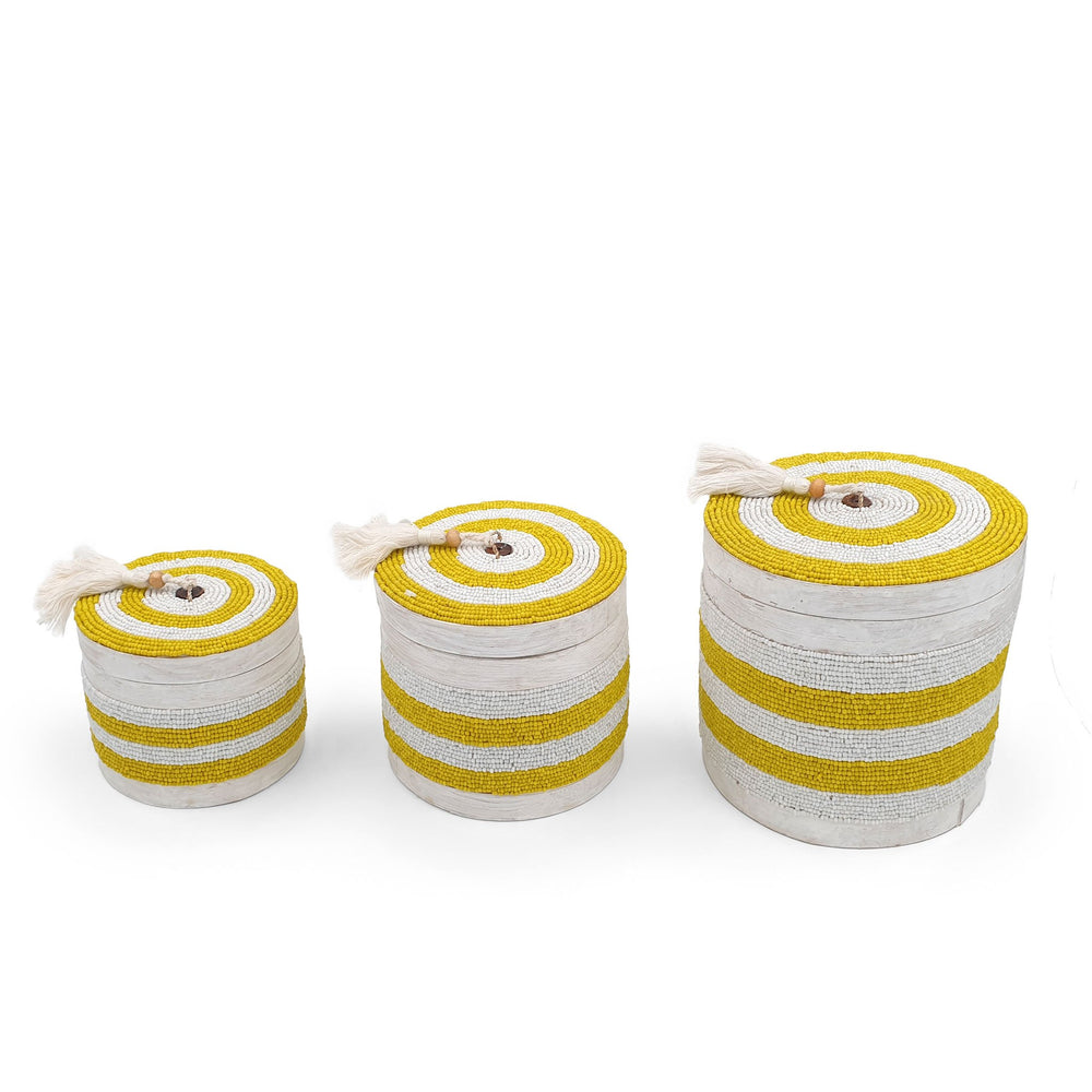 Balinese Beads Box Round Set Of 3 Yellow Stripes