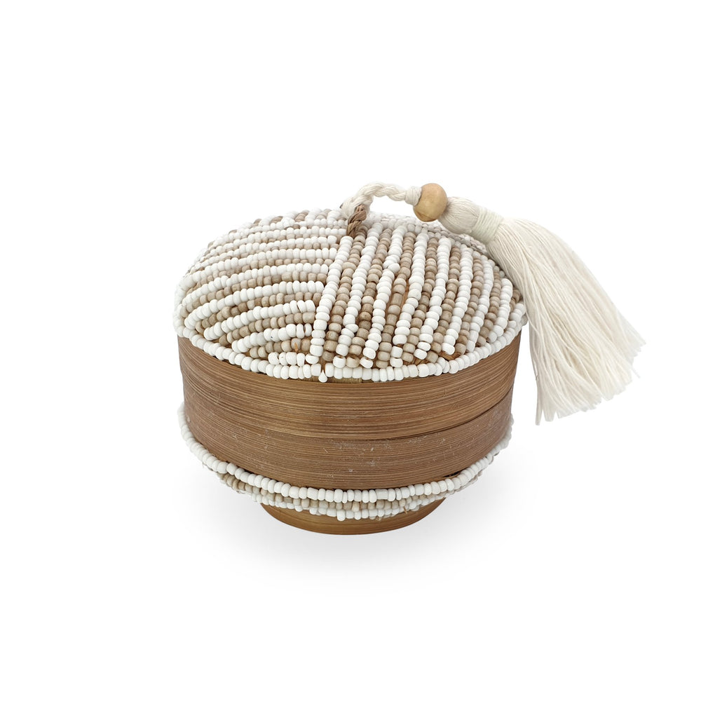 
                  
                    Load image into Gallery viewer, Balinese bead box round cream stripes
                  
                