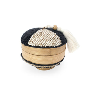 
                  
                    Load image into Gallery viewer, Balinese bead box round black &amp;amp; cream
                  
                