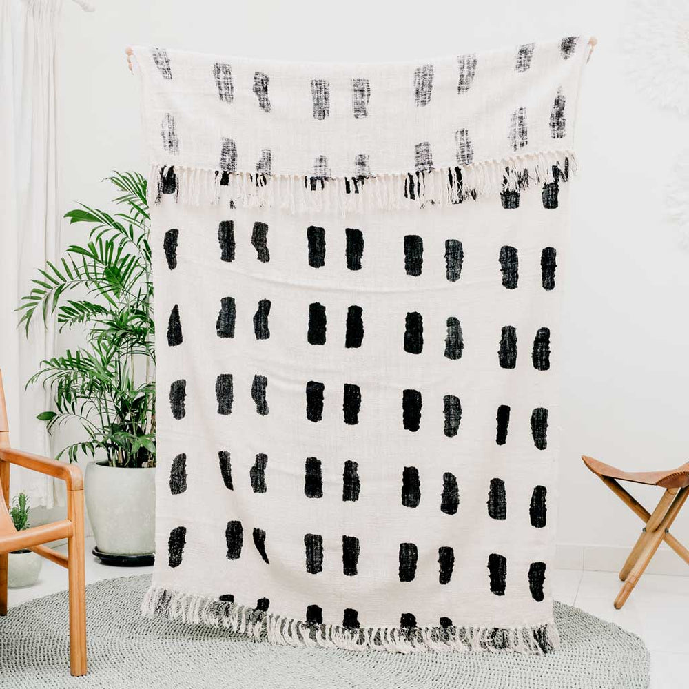 
                  
                    Load image into Gallery viewer, Natural White Cotton blanket black dots pattern front
                  
                